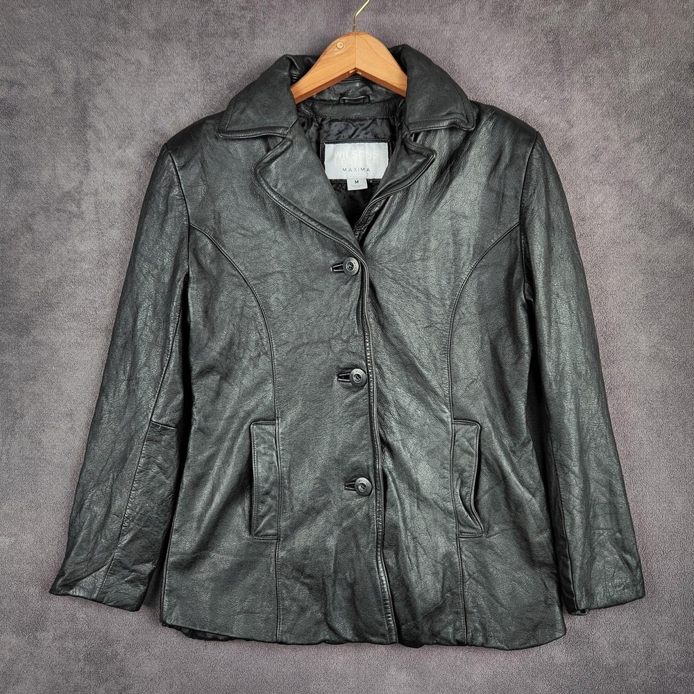 Wilsons Leather Jacket Womens Medium Black Maxima Blazer Coat Shoulder Pads